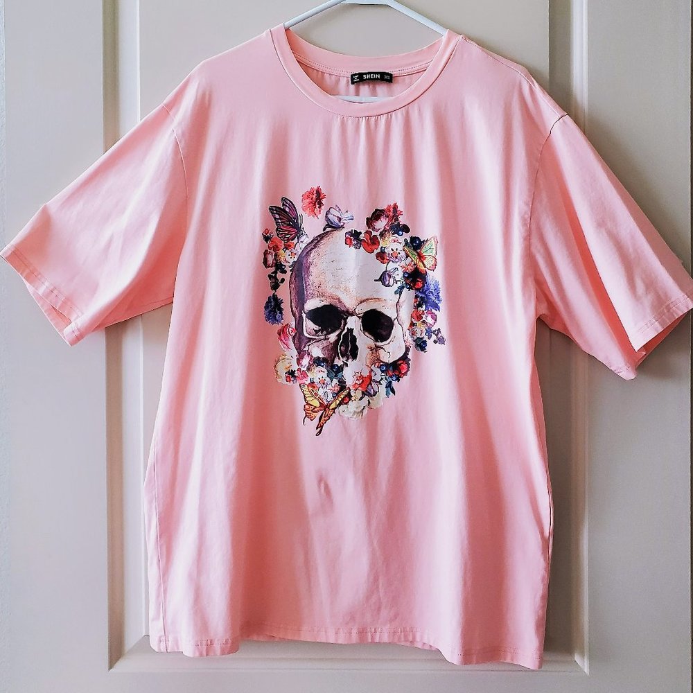 Shein 'Skull Flowers and Butterflies' Large Pink T-Shirt